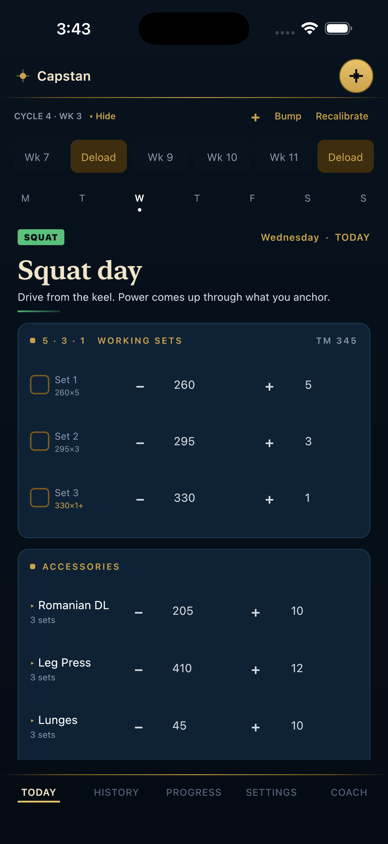 Capstan Today screen — a squat day with 5/3/1 working sets