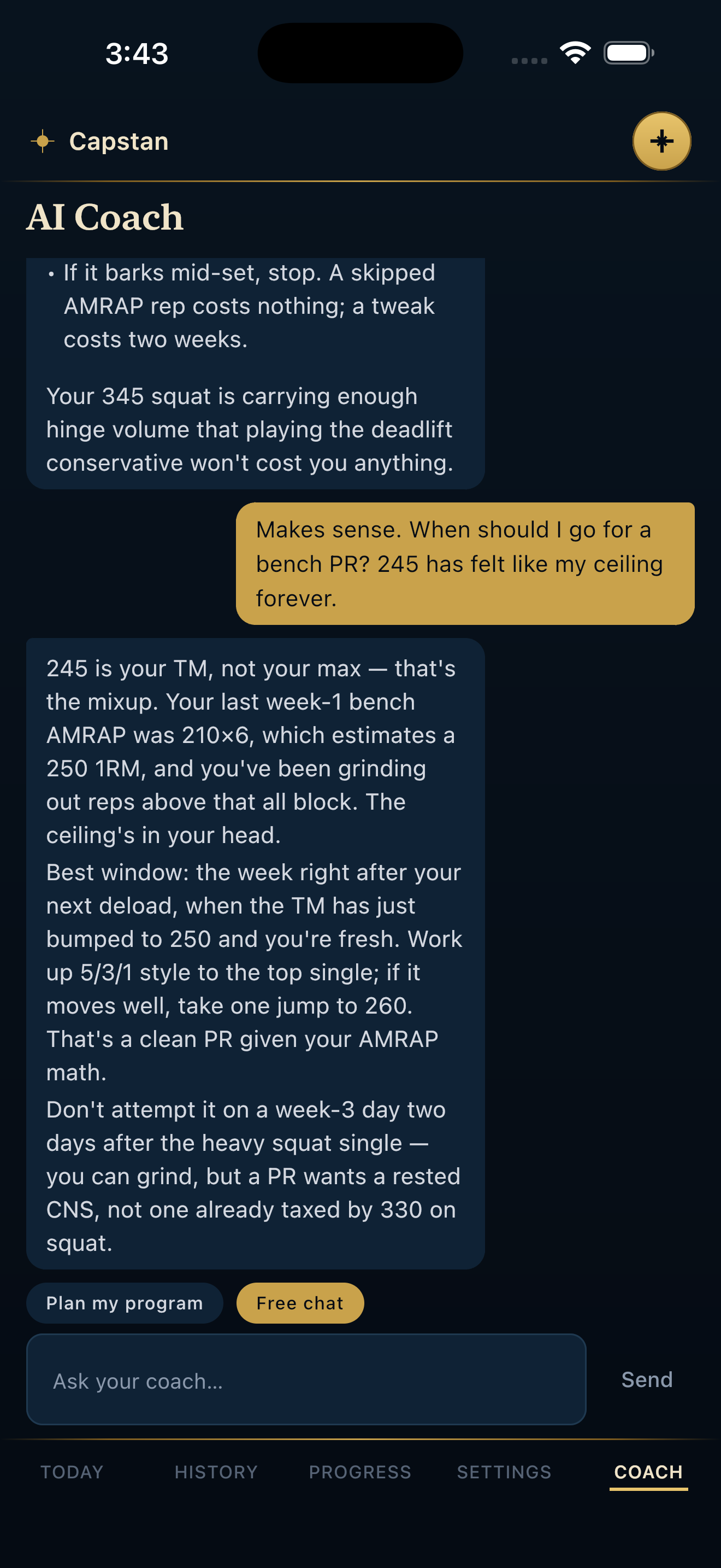 AI Coach chat referencing the athlete's real history