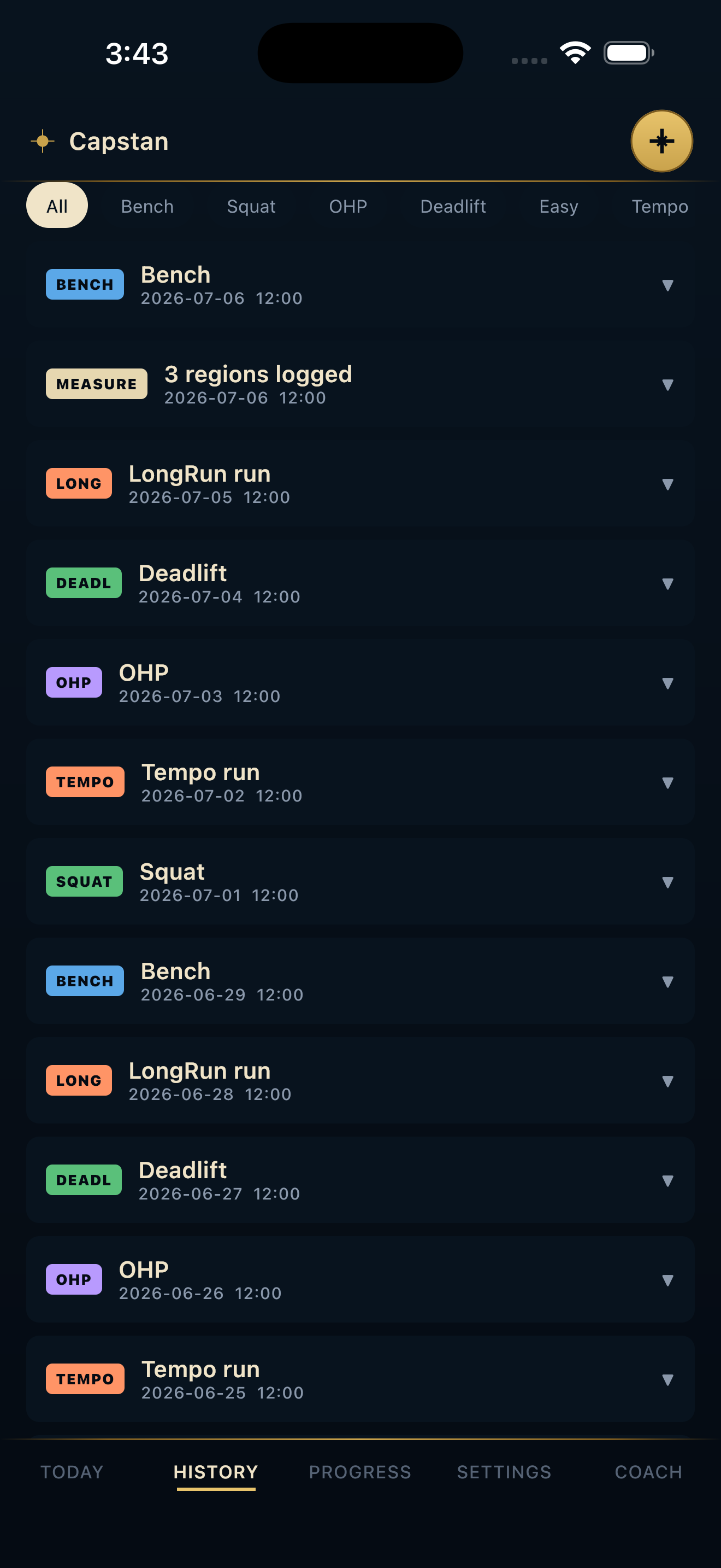 Session history with filters